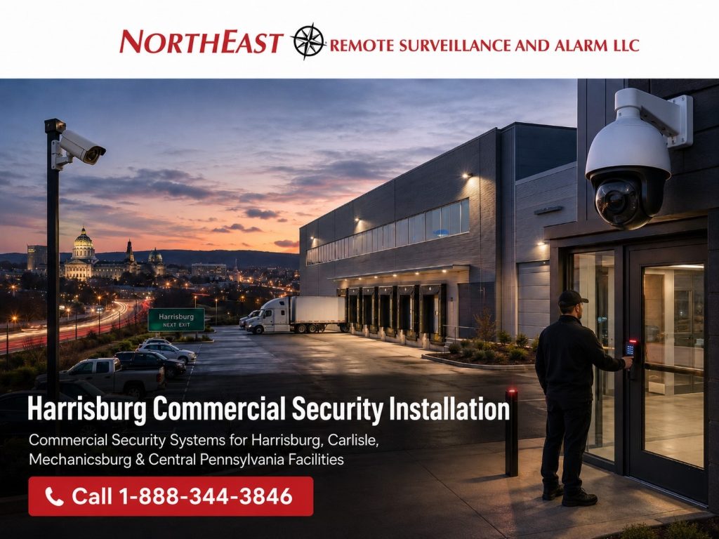 Harrisburg commercial security installation showing warehouse cameras, loading dock surveillance, access control entry, parking lot security, Harrisburg skyline, and Northeast Remote Surveillance and Alarm LLC branding.