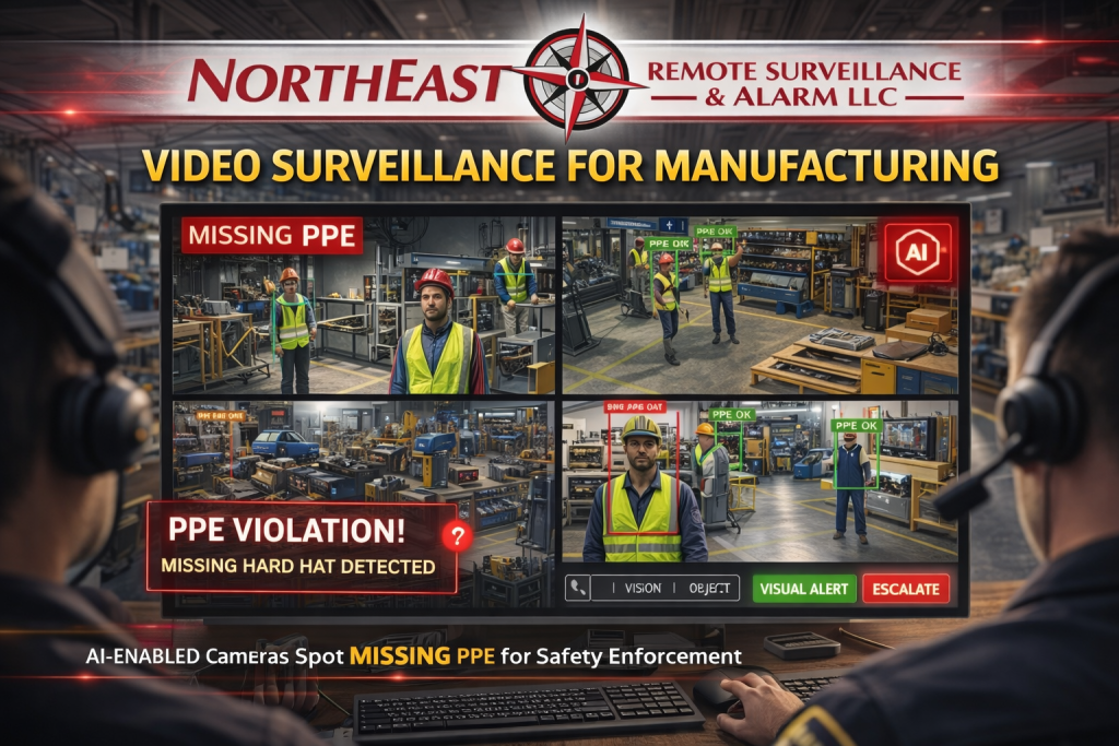 AI-enabled video surveillance screen detecting missing PPE in a manufacturing facility, highlighting worker without hard hat, with Northeast Remote Surveillance & Alarm LLC branding and monitoring operator reviewing live feeds.