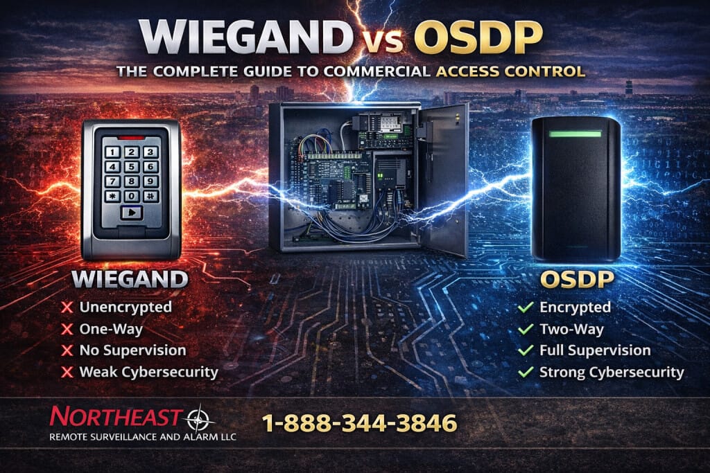 Illustration comparing Wiegand reader communication with an OSDP Secure Channel installation.