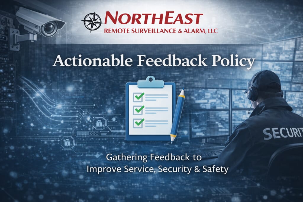 Actionable Feedback Policy banner for Northeast Remote Surveillance and Alarm, LLC featuring company logo, clipboard checklist graphic, surveillance monitoring center, and security professional in a control room environment.
