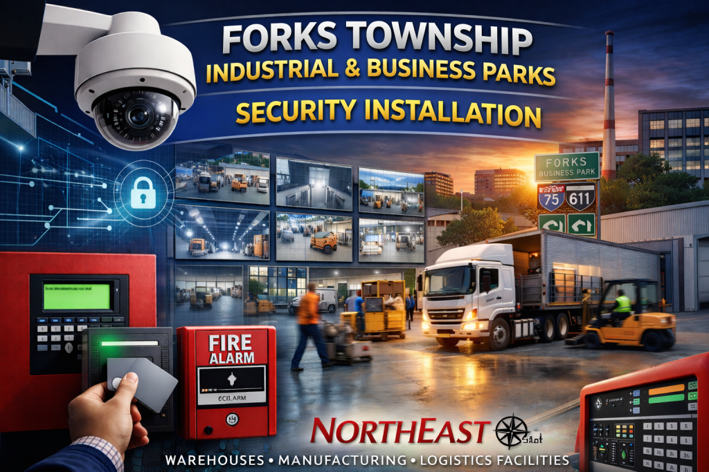 Forks Township Industrial and Business Parks security installation featuring warehouse surveillance cameras, access control system, fire alarm panel, loading dock monitoring, and industrial security infrastructure by Northeast Remote Surveillance and Alarm, LLC