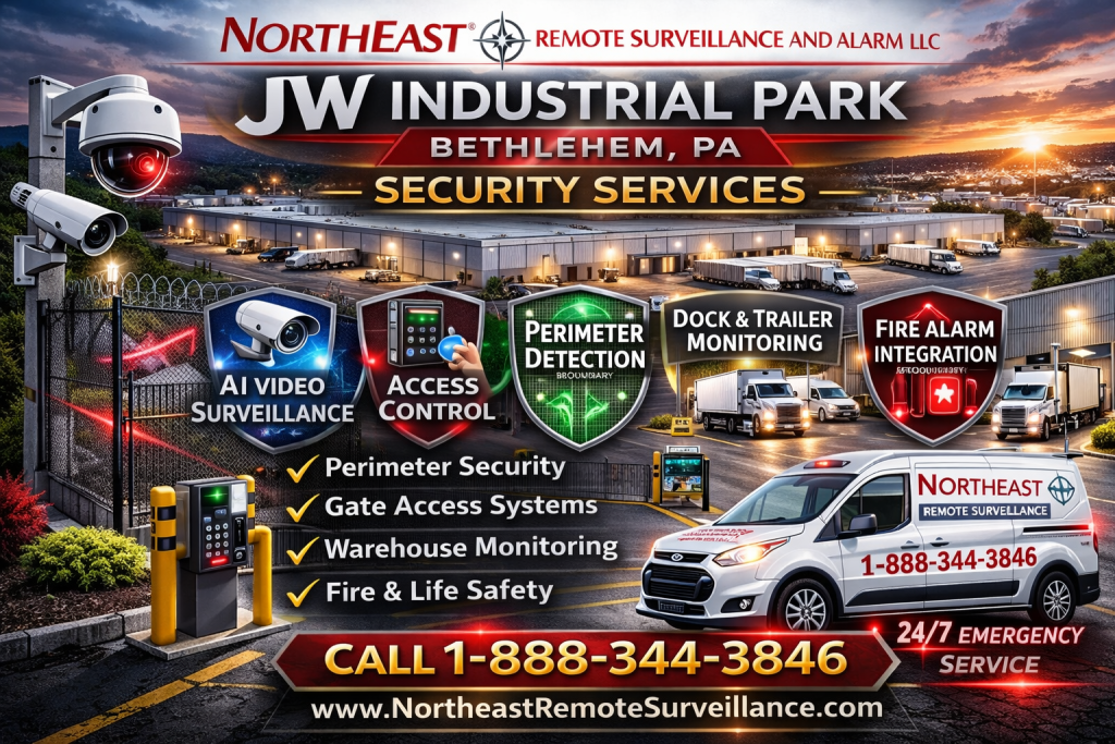 JW Industrial Park security installation in Bethlehem PA featuring AI video surveillance, gate access control systems, perimeter intrusion detection, dock and trailer monitoring, fire alarm integration, and Northeast Remote Surveillance and Alarm service vehicle with phone 1-888-344-3846