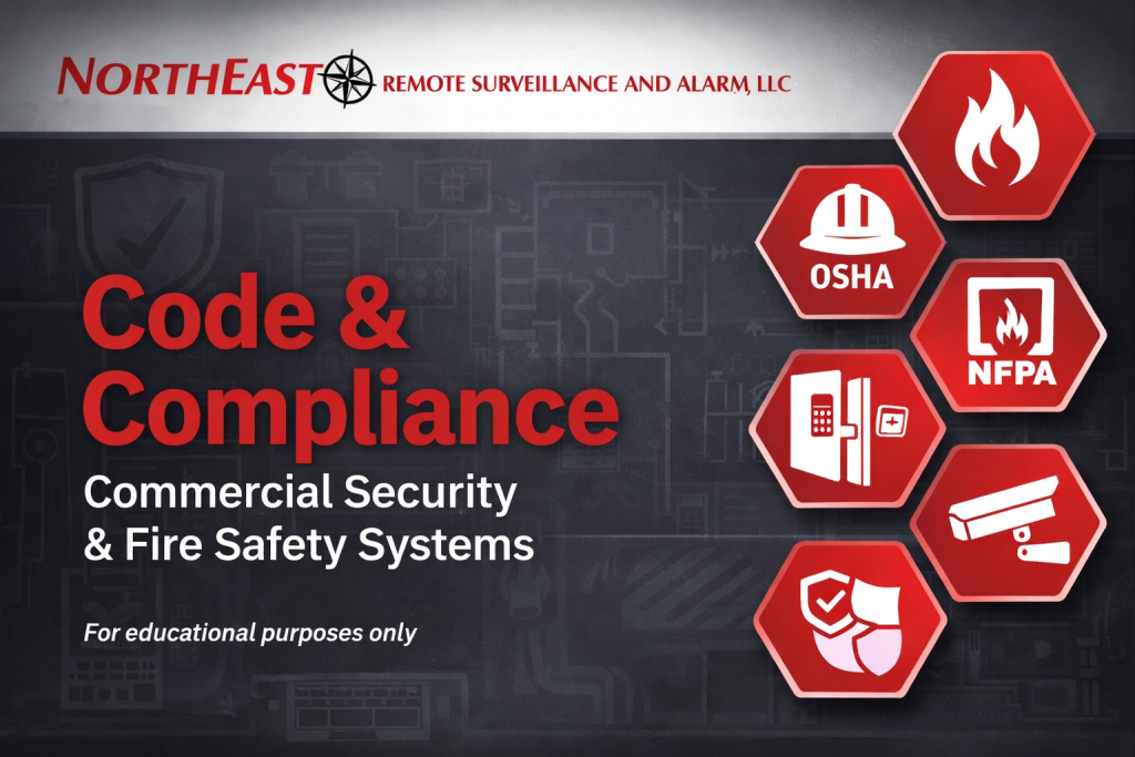 Compliance-aware commercial security planning with fire alarm, access control, video surveillance, low-voltage wiring, documentation, testing, and inspection readiness
