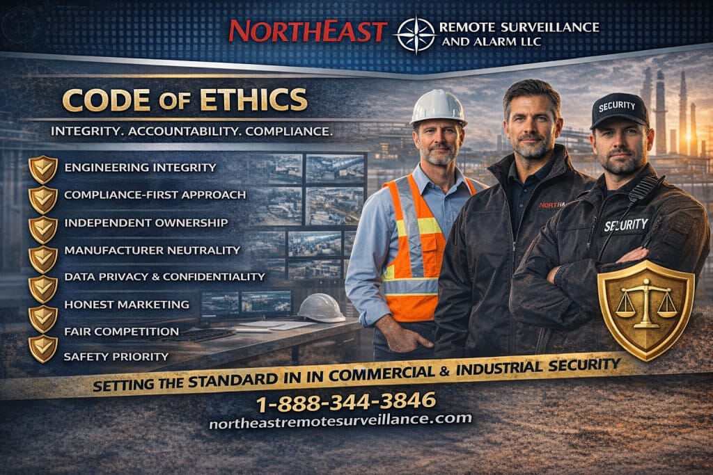 Branded Code of Ethics graphic for Northeast Remote Surveillance and Alarm showing industrial security professionals, surveillance monitors, compliance shield icon, and phone number 1-888-344-3846.