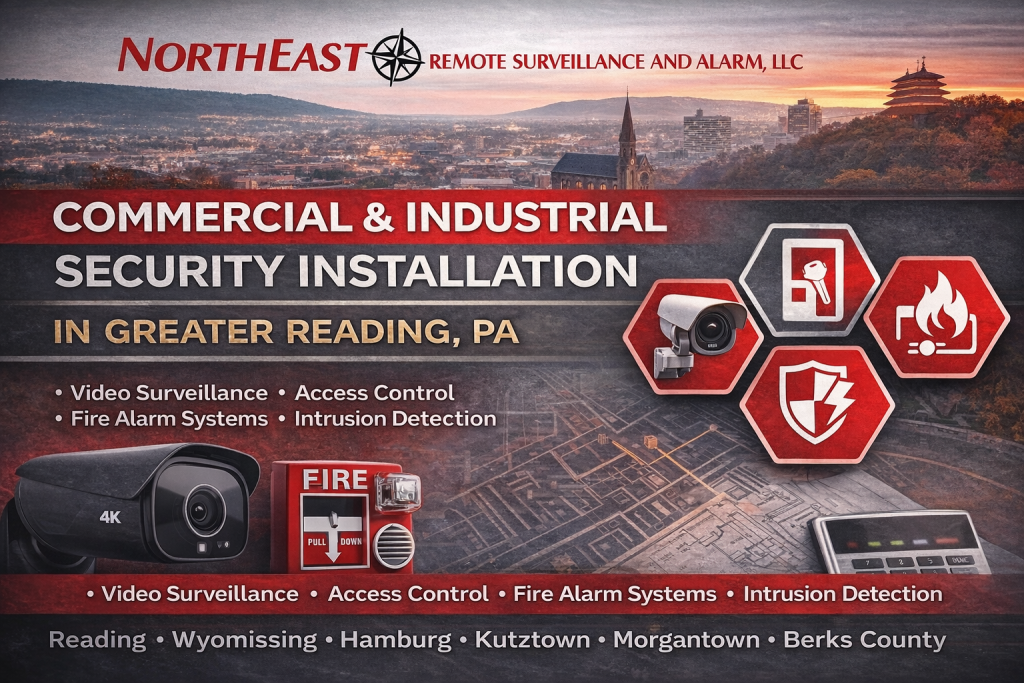 Branded graphic for Northeast Remote Surveillance and Alarm, LLC showing commercial and industrial security installation services in Greater Reading, PA including video surveillance, access control, fire alarm systems, and intrusion detection.