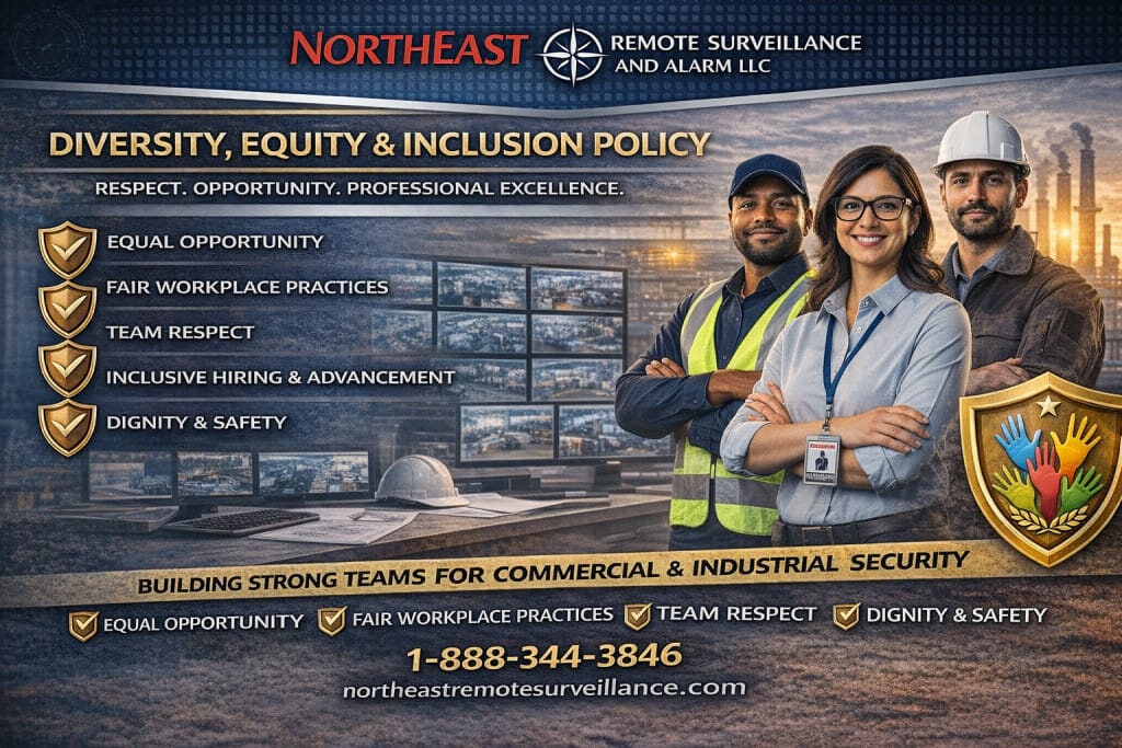 Branded Diversity, Equity and Inclusion Policy graphic for Northeast Remote Surveillance and Alarm featuring diverse security and industrial professionals, surveillance monitors, industrial facility background, and phone number 1-888-344-3846.