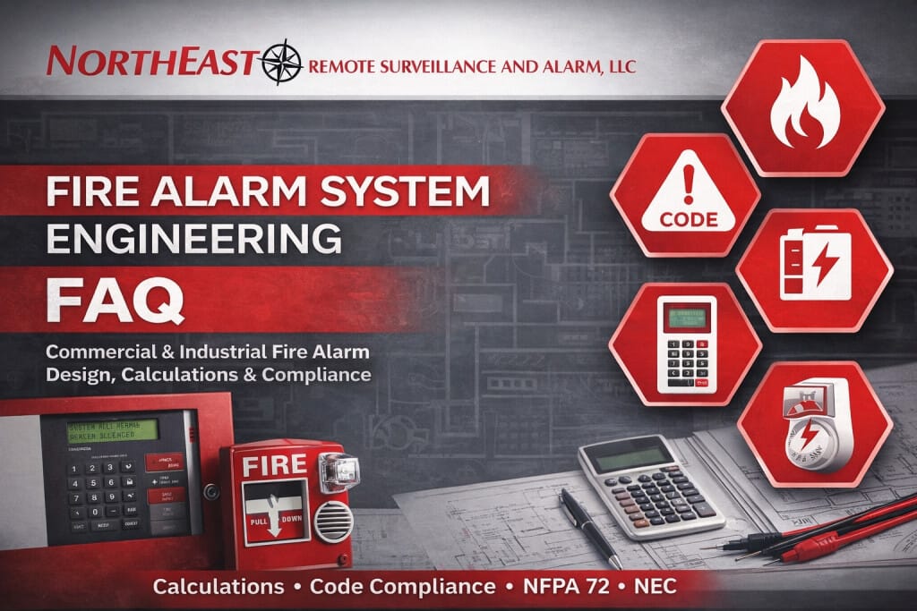 Fire Alarm System Engineering FAQ | Commercial & Industrial Design, Calculations & Code Compliance – NERSA Commercial fire alarm system engineering guide showing fire alarm control panel design, NFPA 72 planning, NEC wiring coordination, device layout calculations, voltage drop calculations, battery standby calculations, AHJ documentation, and Northeast Remote Surveillance and Alarm, LLC branding.
