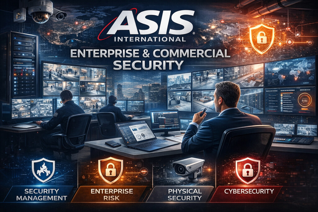 Security operations center monitoring enterprise and commercial security systems under ASIS International risk management frameworks, featuring surveillance screens, cybersecurity icons, and executive oversight.
