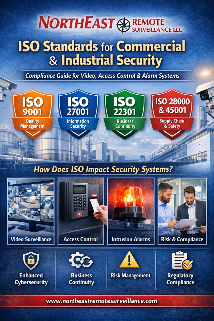 Infographic showing ISO 9001, ISO 27001, ISO 22301, ISO 28000, and ISO 45001 standards and how they apply to commercial video surveillance, access control, and intrusion alarm systems by Northeast Remote Surveillance & Alarm LLC.