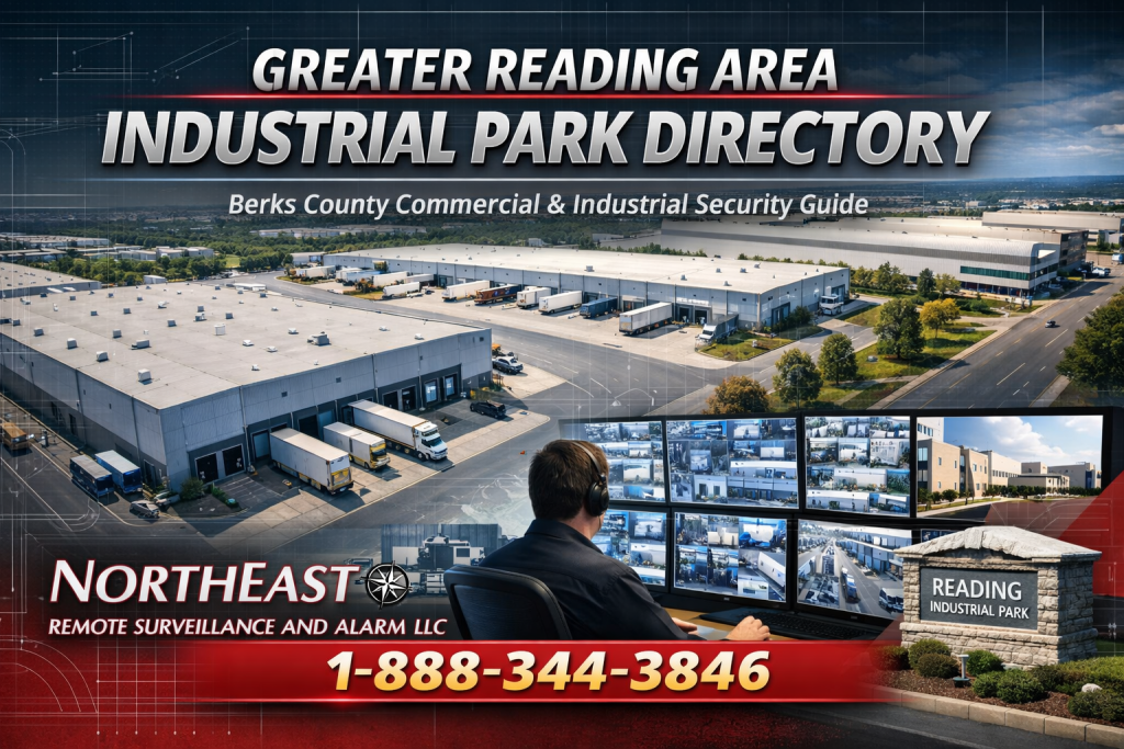 Aerial view of a modern industrial park in Berks County, Pennsylvania with branded overlay text Greater Reading Area Industrial Park Directory and Northeast Remote Surveillance and Alarm LLC logo with phone numAerial view of a modern industrial park in Berks County, Pennsylvania with branded overlay text Greater Reading Area Industrial Park Directory and Northeast Remote Surveillance and Alarm LLC logo with phone number 1-888-344-3846.ber 1-888-344-3846.
