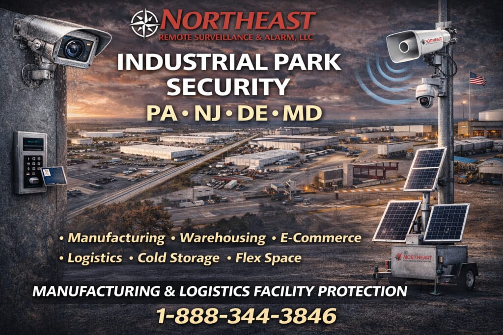 Aerial industrial park view with warehouses and distribution centers protected by surveillance cameras, access control keypad, two-way talkdown speaker, and solar mobile surveillance trailer branded Northeast Remote Surveillance & Alarm with phone number 1-888-344-3846.
