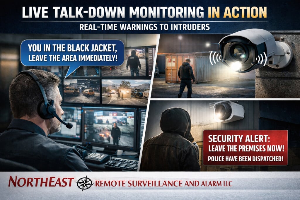 Commercial security monitoring with alarm signals, video verification, operator review, documented contacts, and site-specific response procedures.
