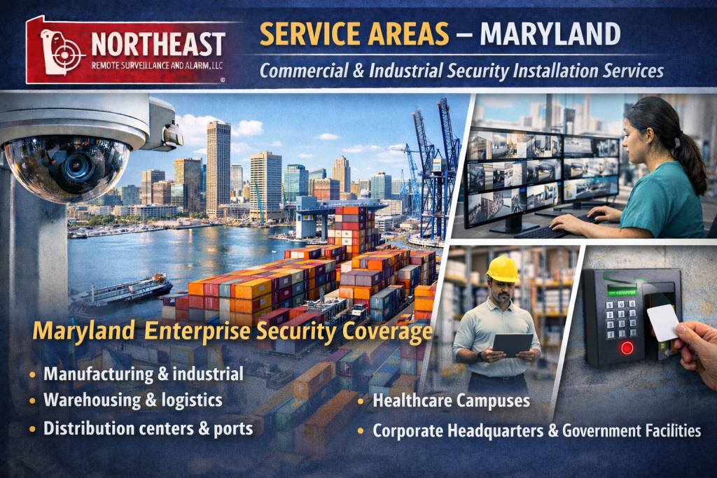 Commercial and industrial security installation in Maryland including video surveillance, access control, fire alarm, and life safety systems by Northeast Remote Surveillance and Alarm, LLC
