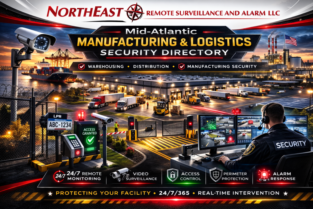 Full-width Mid-Atlantic Manufacturing and Logistics Security Directory banner featuring port container ships, high-bay warehouse, gated entry system, LPR camera, surveillance equipment, remote monitoring workstation, and Northeast Remote Surveillance & Alarm, LLC red, white, and black compass rose logo.