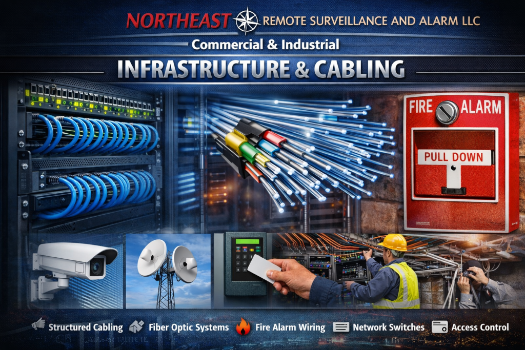 Commercial and industrial infrastructure and cabling installation featuring structured network racks, fiber optic backbone, fire alarm wiring and access control systems by Northeast Remote Surveillance and Alarm LLC