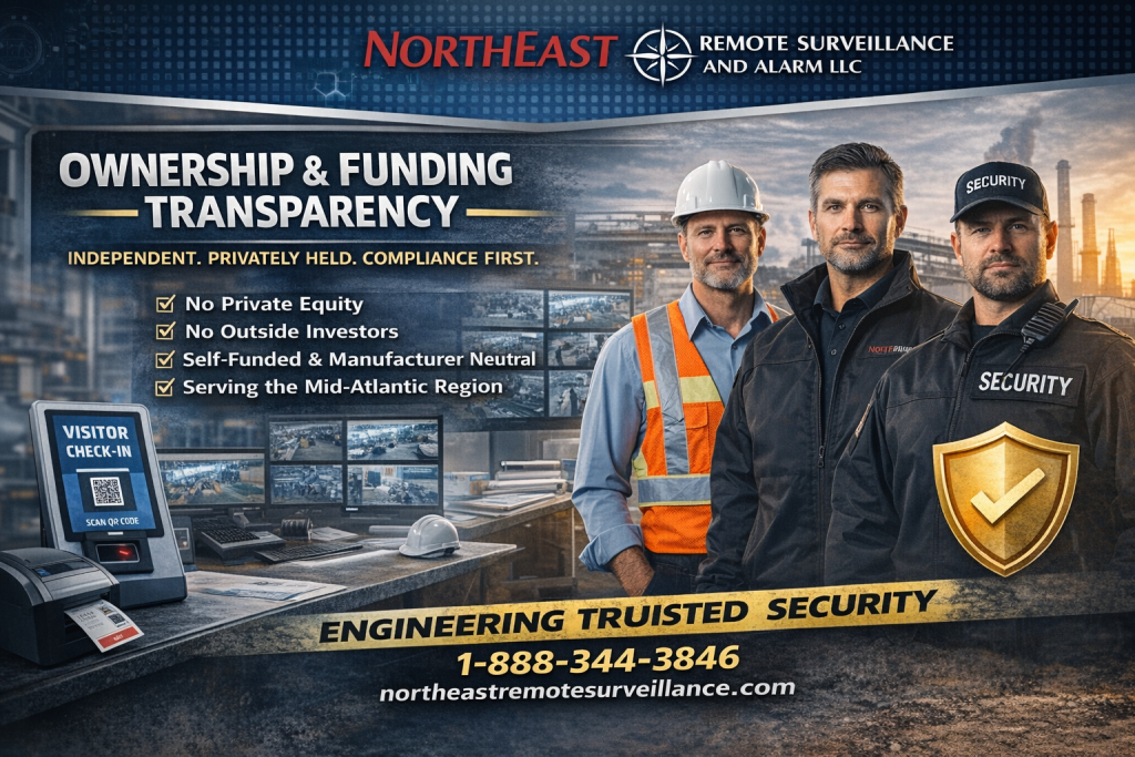 Branded Ownership and Funding Transparency graphic for Northeast Remote Surveillance and Alarm showing industrial professionals, security monitoring screens, visitor check-in kiosk, and company phone number 1-888-344-3846.