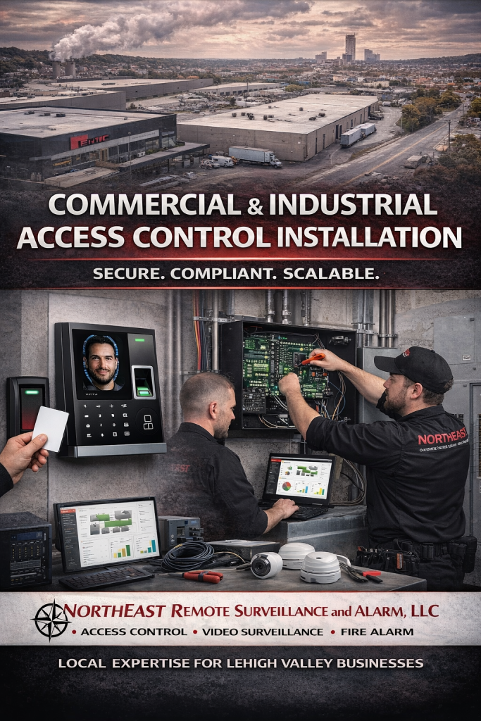 Commercial and industrial access control systems showing enterprise door controllers, card readers, mobile credentials, restricted-area entry, warehouse access control, office building door access, and Northeast Remote Surveillance and Alarm, LLC branding.