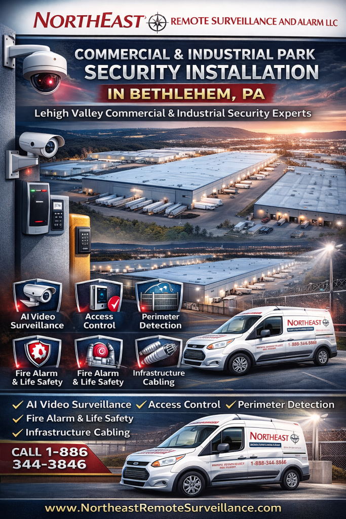 Commercial and industrial park security installation in Bethlehem PA featuring warehouse perimeter detection, access control systems, AI video surveillance, fire alarm integration, and Northeast Remote Surveillance and Alarm LLC service vehicle with contact 1-888-344-3846.