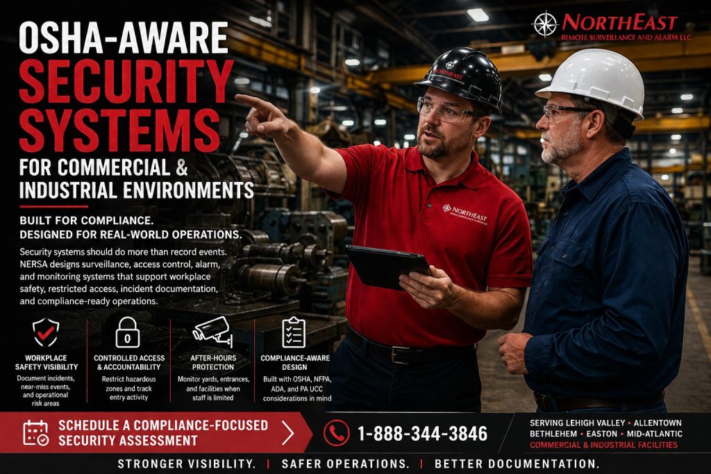 NERSA technician and client reviewing OSHA-aware security systems in a heavy manufacturing facility with surveillance, access control, monitoring, and compliance-focused safety planning.