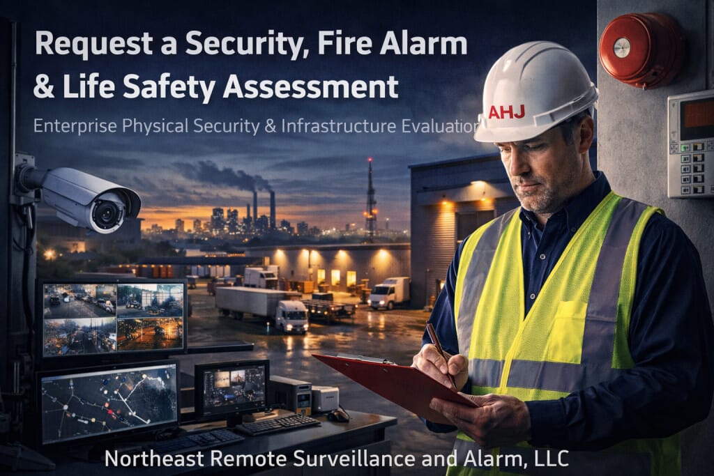 Illustration of a commercial facility security assessment.
