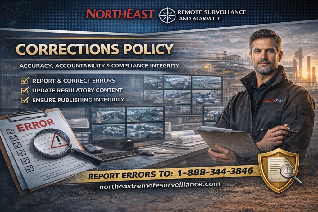 Branded Corrections Policy graphic for Northeast Remote Surveillance and Alarm featuring security professional with clipboard, surveillance monitors, industrial facility background, and report errors phone number 1-888-344-3846.