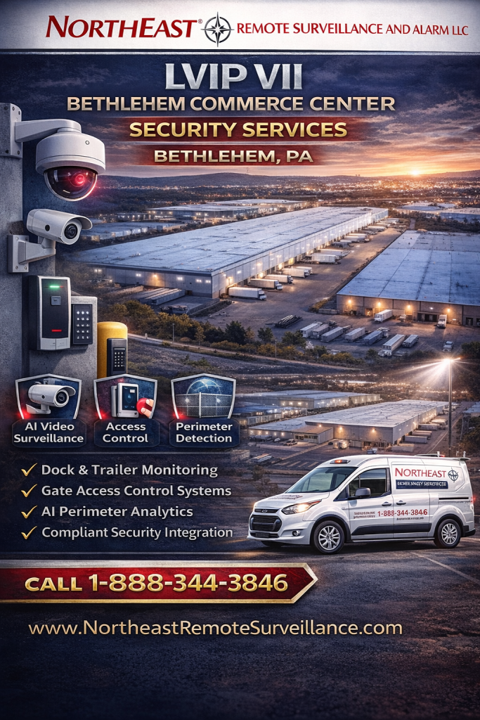 LVIP VII Bethlehem Commerce Center industrial security services in Bethlehem PA featuring AI video surveillance, access control systems, perimeter detection, dock and trailer monitoring, and Northeast Remote Surveillance and Alarm service vehicle with phone 1-888-344-3846.