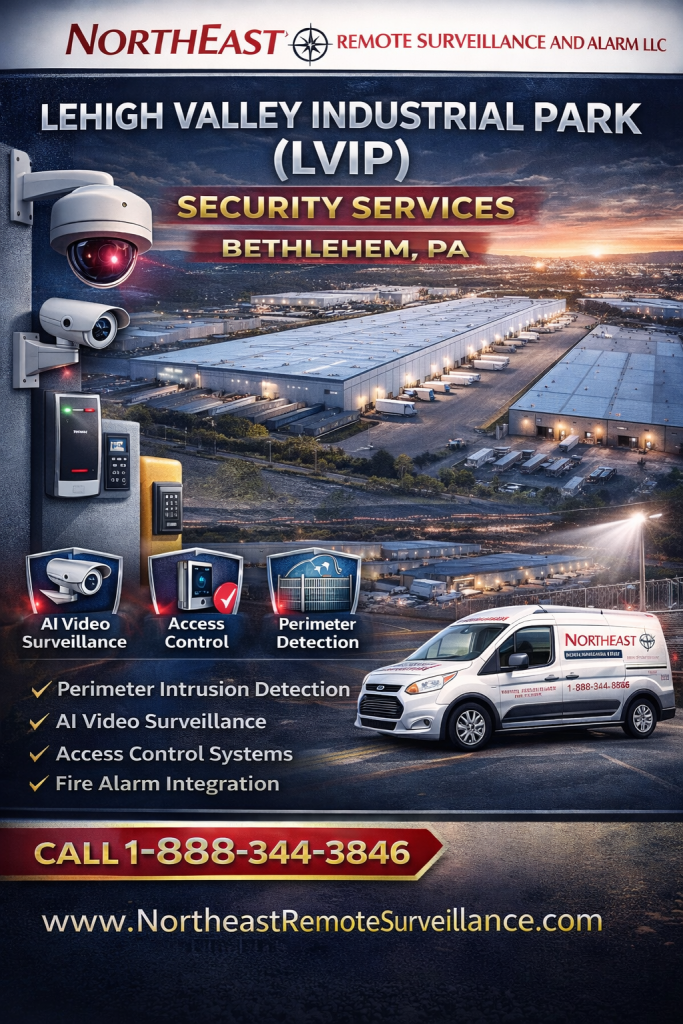Lehigh Valley Industrial Park security services in Bethlehem, PA showing warehouse perimeter detection, AI video surveillance, access control systems, loading dock protection, fire alarm coordination, and Northeast Remote Surveillance and Alarm, LLC branding.