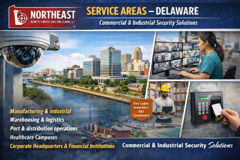 Commercial and industrial security systems in Delaware including video surveillance, access control, fire alarm, and life safety installations by Northeast Remote Surveillance and Alarm, LLC