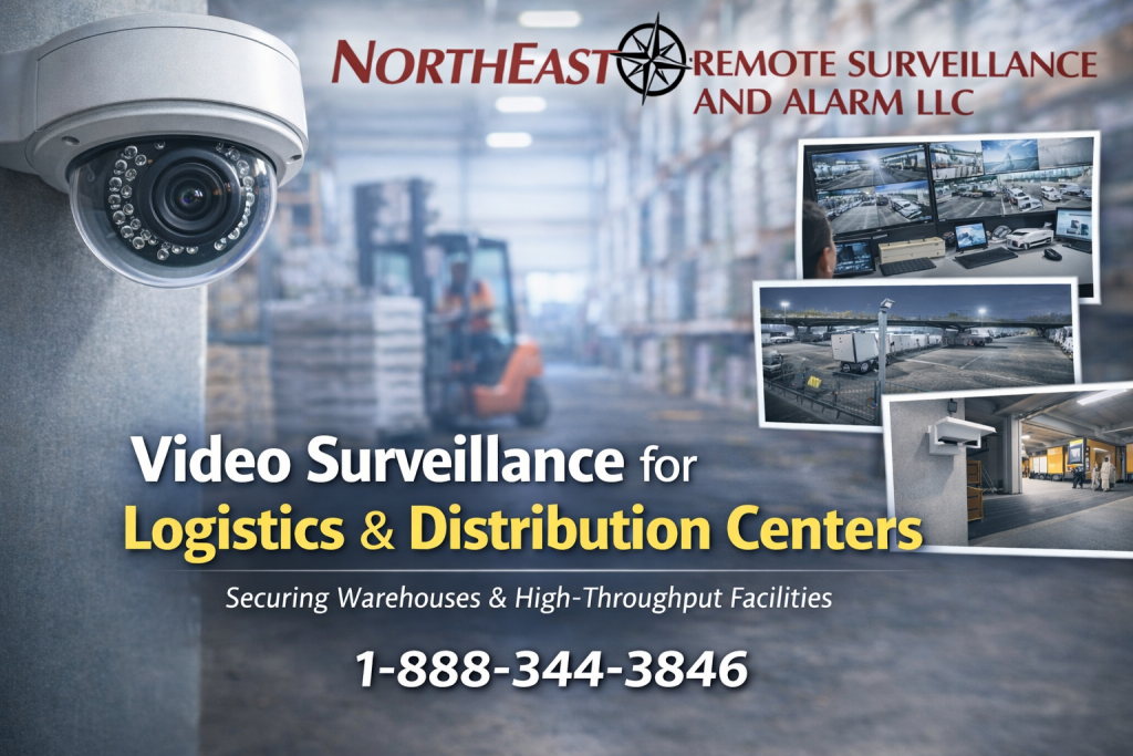 Branded commercial video surveillance graphic for logistics and distribution centers featuring warehouse security camera, dock monitoring, yard surveillance, control room screens, and phone number 1-888-344-3846.