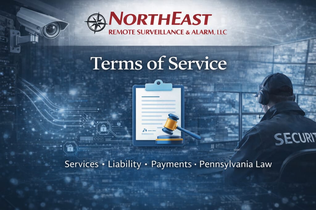 Terms of Service banner for Northeast Remote Surveillance and Alarm, LLC featuring company logo, legal document with gavel icon, surveillance monitoring center background, and security professional in control room.