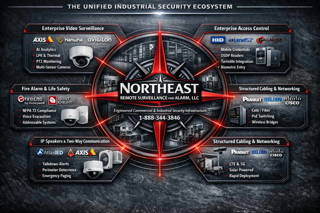 Infographic showing the Unified Industrial Security Ecosystem by Northeast Remote Surveillance & Alarm, LLC featuring integrated video surveillance, access control, fire alarm, IP speakers, solar surveillance, and structured cabling solutions.