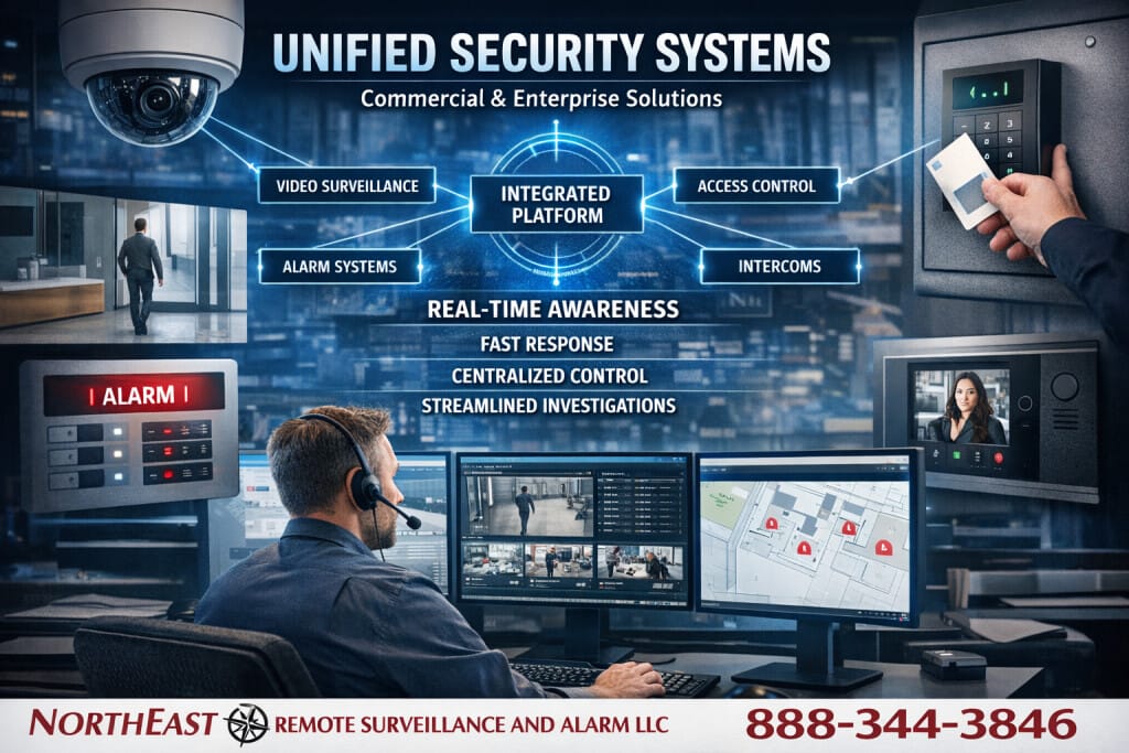 Unified commercial and enterprise security system control room with integrated video surveillance, access control, alarms and intercoms branded Northeast Remote Surveillance and Alarm LLC 888-344-3846