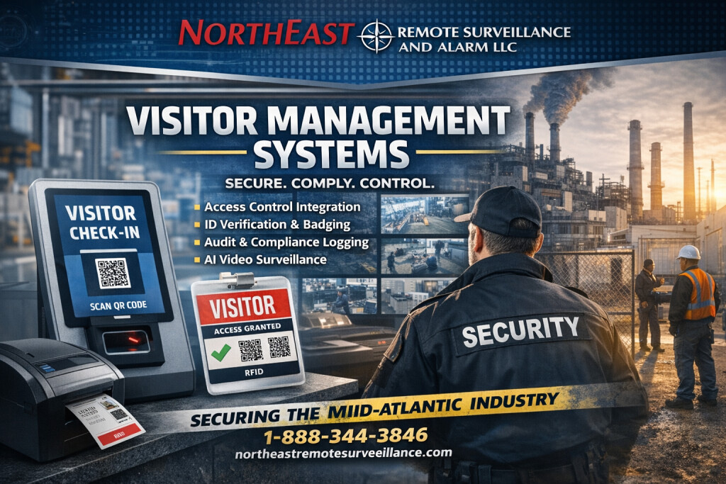 Branded Visitor Management Systems graphic by Northeast Remote Surveillance and Alarm showing digital check-in kiosk, printed visitor badge, security officer monitoring surveillance screens, and industrial facility background with phone number 1-888-344-3846.