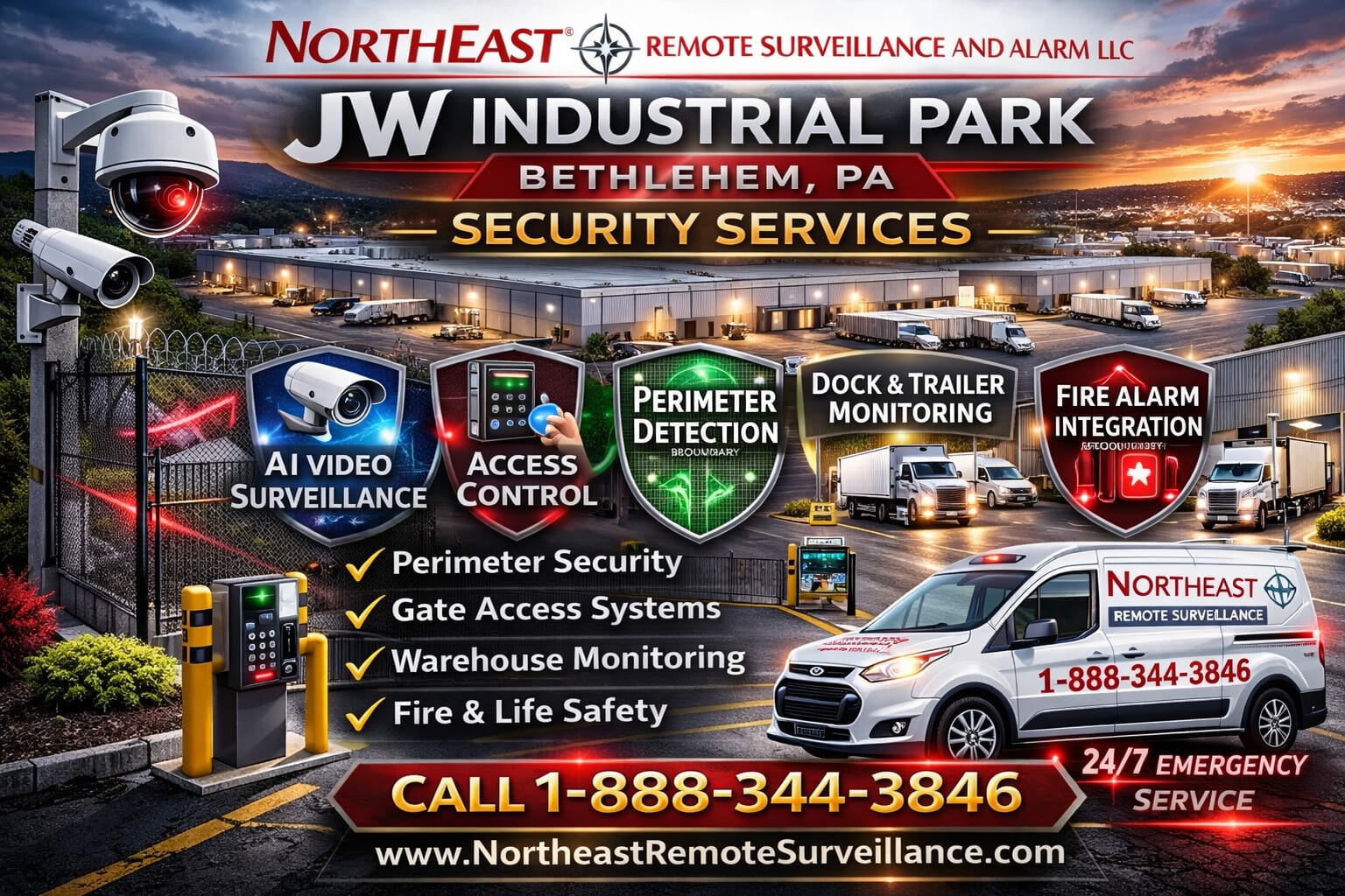 JW Industrial Park security installation in Bethlehem PA featuring AI video surveillance, gate access control systems, perimeter intrusion detection, dock and trailer monitoring, fire alarm integration, and Northeast Remote Surveillance and Alarm service vehicle with phone 1-888-344-3846