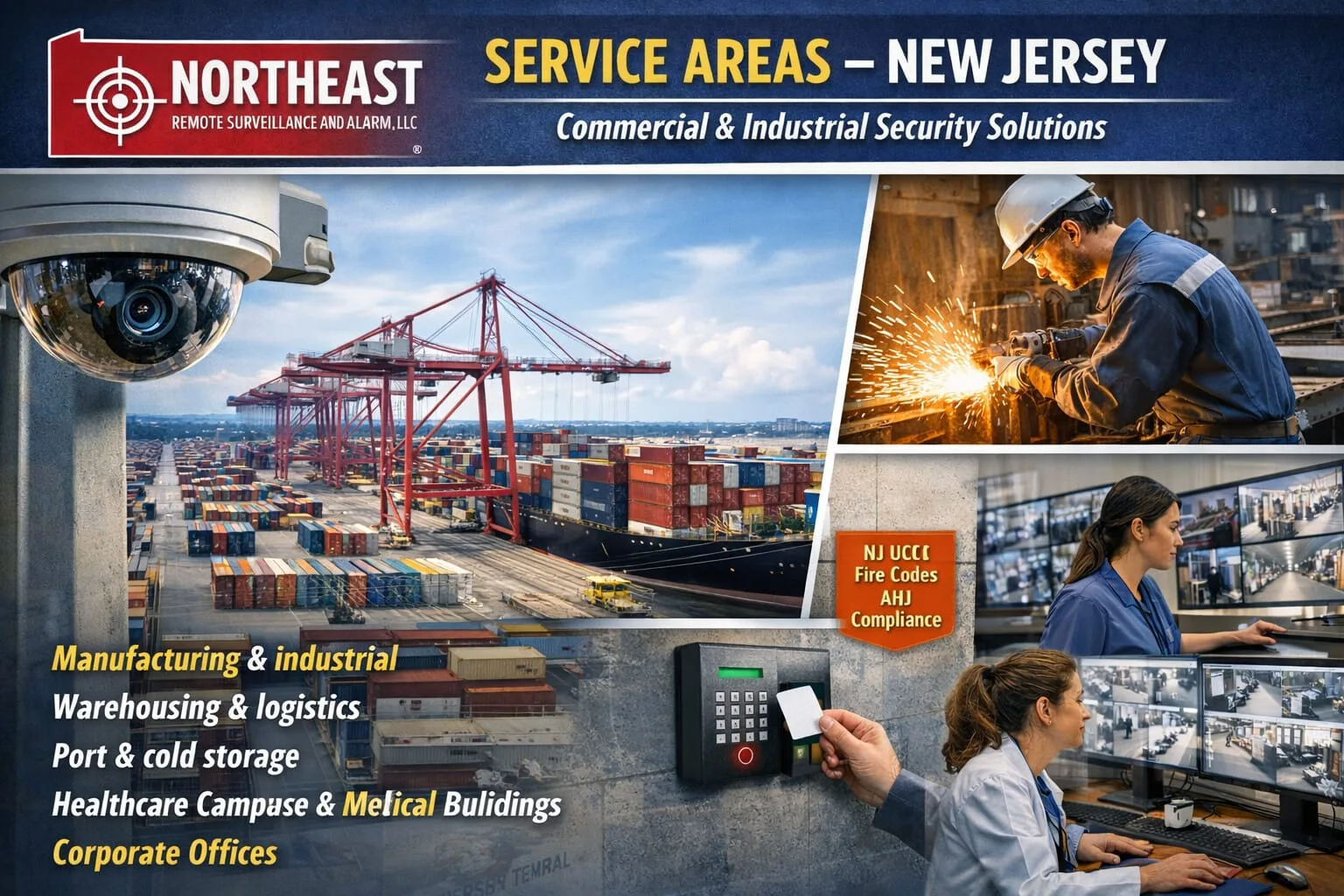 Commercial cameras, access control, fire alarm, monitoring, and security infrastructure for New Jersey facilities.