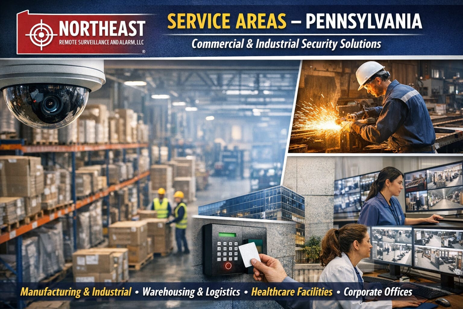 Commercial cameras, access control, fire alarm, monitoring, and security infrastructure for Pennsylvania facilities.