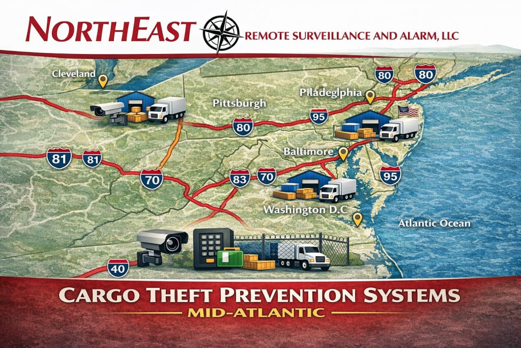 Mid-Atlantic cargo theft prevention systems showing warehouse security, truck yard surveillance, loading dock cameras, gate access control, perimeter monitoring, trailer protection, and Northeast Remote Surveillance and Alarm, LLC branding.