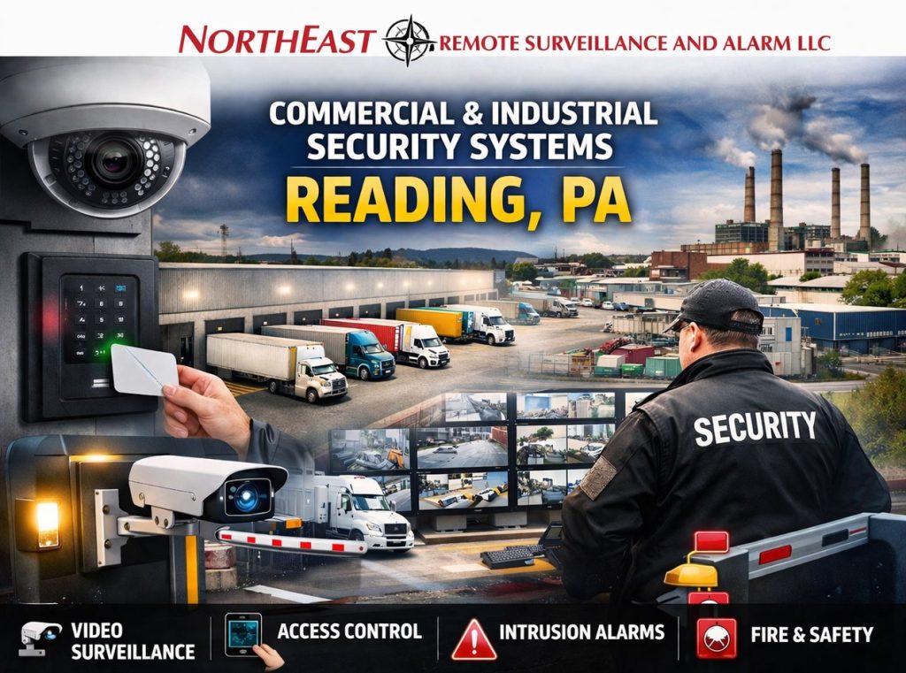 Branded commercial and industrial security graphic for Reading, Pennsylvania showing warehouse loading docks, access control reader, security cameras, monitoring screens, and a security officer with Northeast Remote Surveillance and Alarm LLC logo.