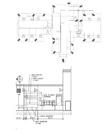 Warehouse loading dock surveillance camera placement diagram showing camera coverage for dock doors, forklift corridors, cargo staging areas, and trailer docking zones.