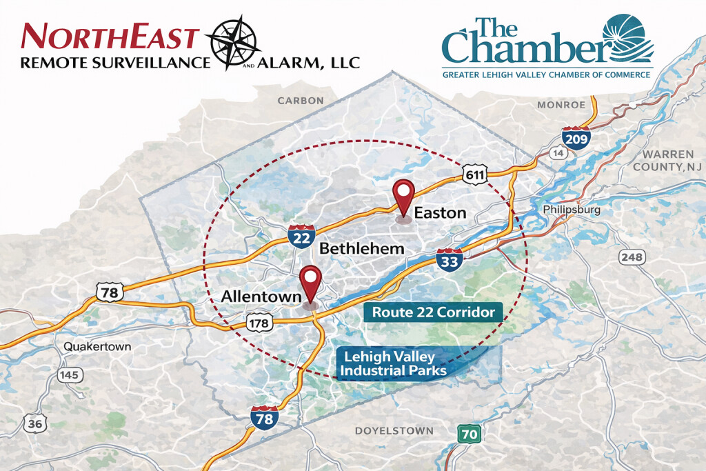 Lehigh Valley Chamber of Commerce member page for Northeast Remote Surveillance and Alarm LLC showing Allentown, Bethlehem, Easton, Route 22, and Lehigh Valley commercial and industrial corridors.