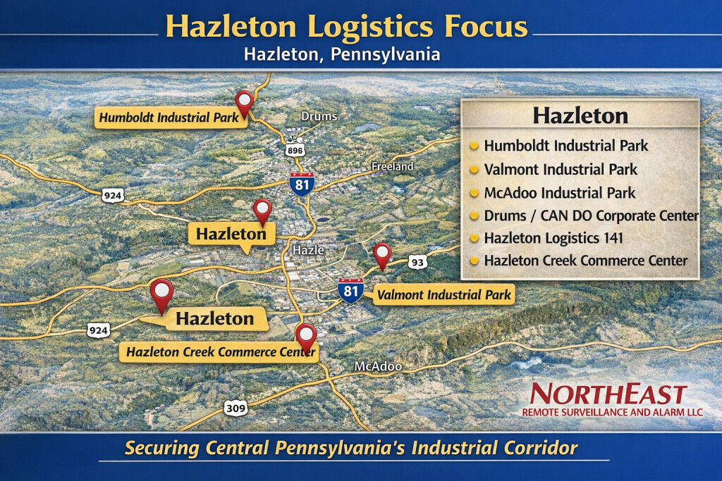 Hazleton Industrial Parks Map | Route 80 & I-81 Logistics Corridor Security Coverage Hazleton Pennsylvania industrial parks map showing Humboldt Industrial Park, Valmont Industrial Park, CAN DO Corporate Center, Hazleton Logistics 141, and Route 80 I-81 logistics corridor with warehouse security and access control systems