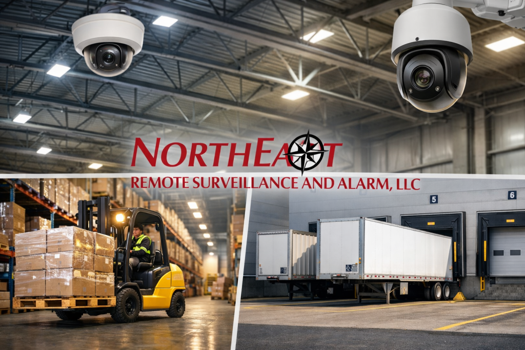 Industrial warehouse security cameras monitoring forklift operations and loading dock trailer activity installed by Northeast Remote Surveillance and Alarm, LLC.