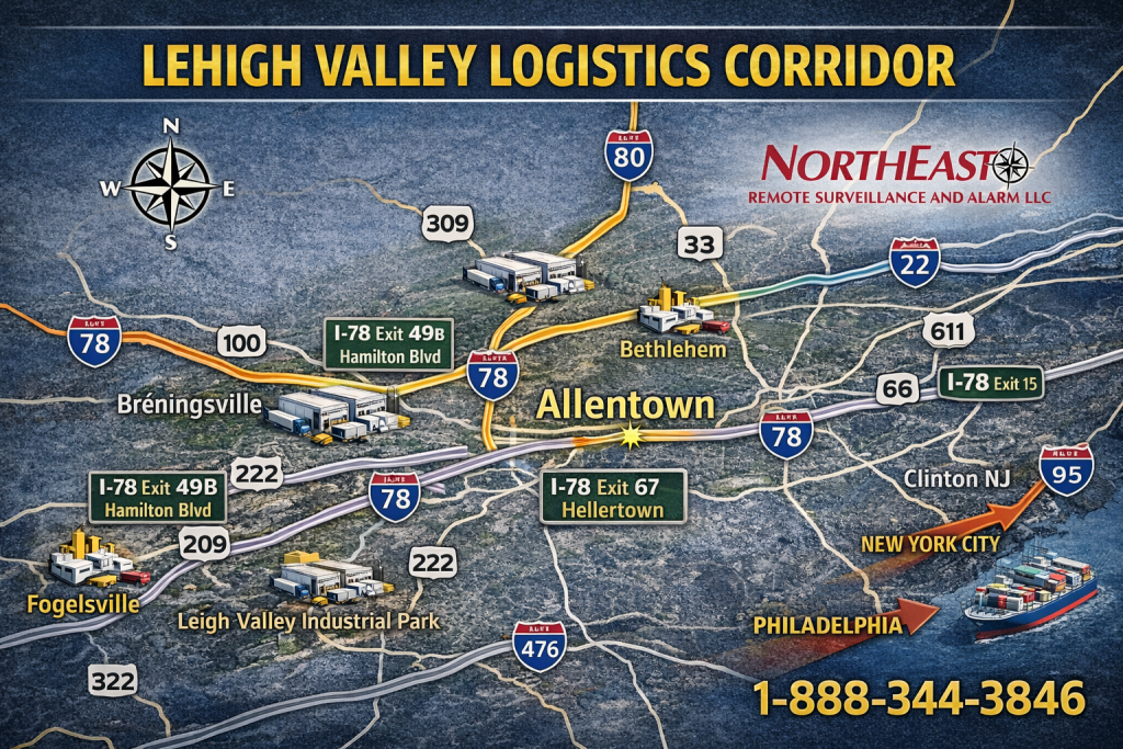 Map of the Lehigh Valley logistics corridor highlighting Allentown, Bethlehem, Breinigsville, Fogelsville, and major freight highways including I-78, Route 22, Route 33, and I-476 supporting warehouse and distribution center security systems.