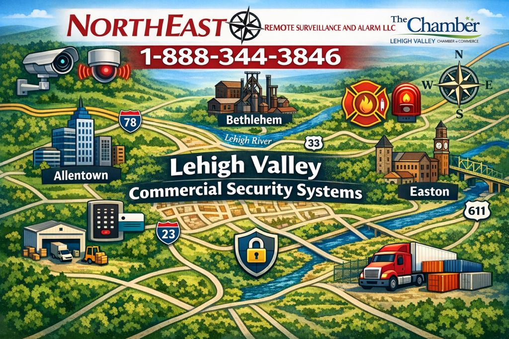 Branded map of Lehigh Valley commercial security systems by Northeast Remote Surveillance and Alarm, LLC showing Allentown, Bethlehem, and Easton with surveillance, access control, fire alarm, warehouse, and logistics security imagery for Lehigh Valley Chamber of Commerce visibility.