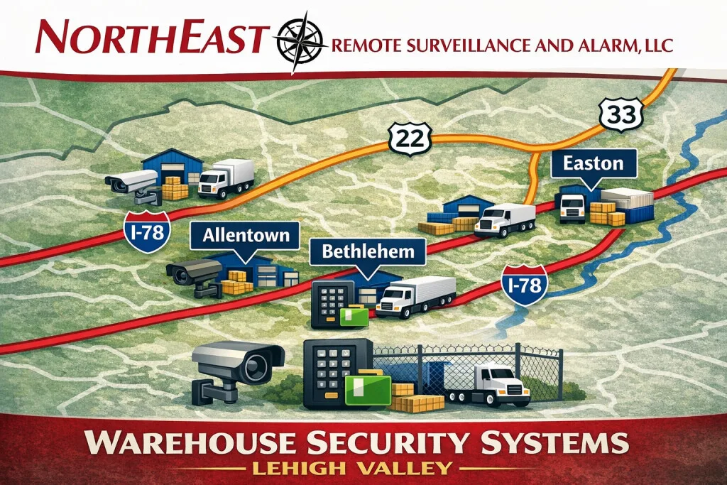 Branded Lehigh Valley warehouse security systems map showing Allentown, Bethlehem, Easton, I-78, Route 22, and Route 33 with warehouse, camera, access control, truck, and yard security icons.