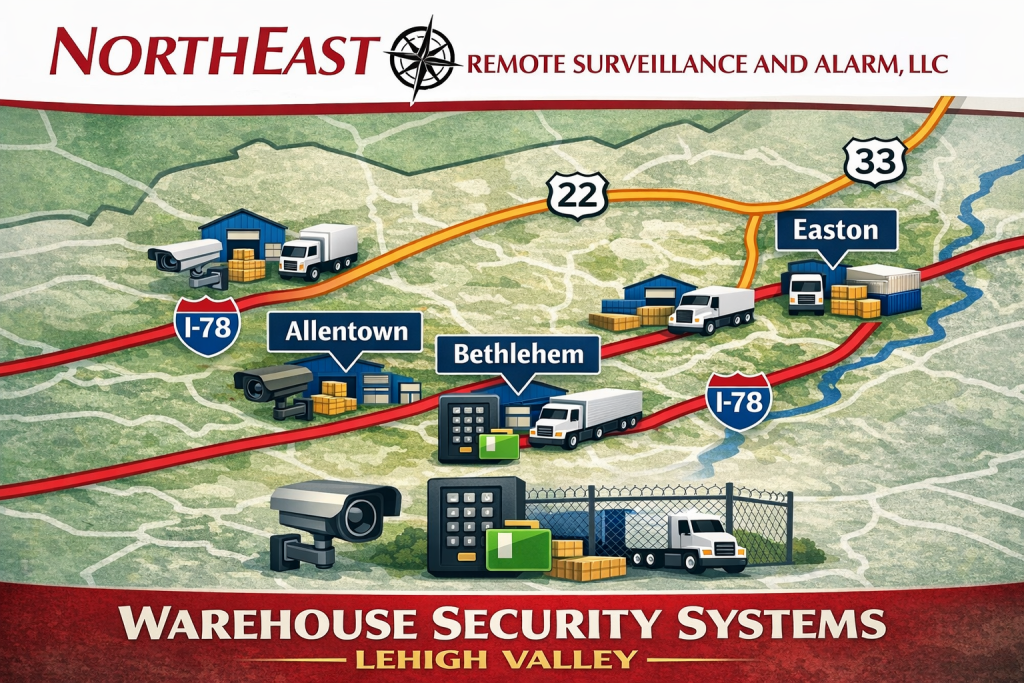 Branded Lehigh Valley warehouse security systems map showing Allentown, Bethlehem, Easton, I-78, Route 22, and Route 33 with warehouse, camera, access control, truck, and yard security icons.