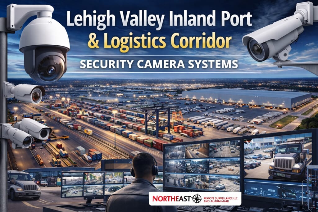 Commercial security cameras monitoring warehouse loading docks and trailer yard activity at a Lehigh Valley logistics distribution center installed by Northeast Remote Surveillance and Alarm, LLC