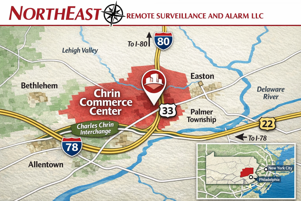 Branded map of Chrin Commerce Center showing Route 33, Interstate 78, Route 22, Easton, Palmer Township, Bethlehem, Allentown, and the Northeast Remote Surveillance and Alarm LLC logo.