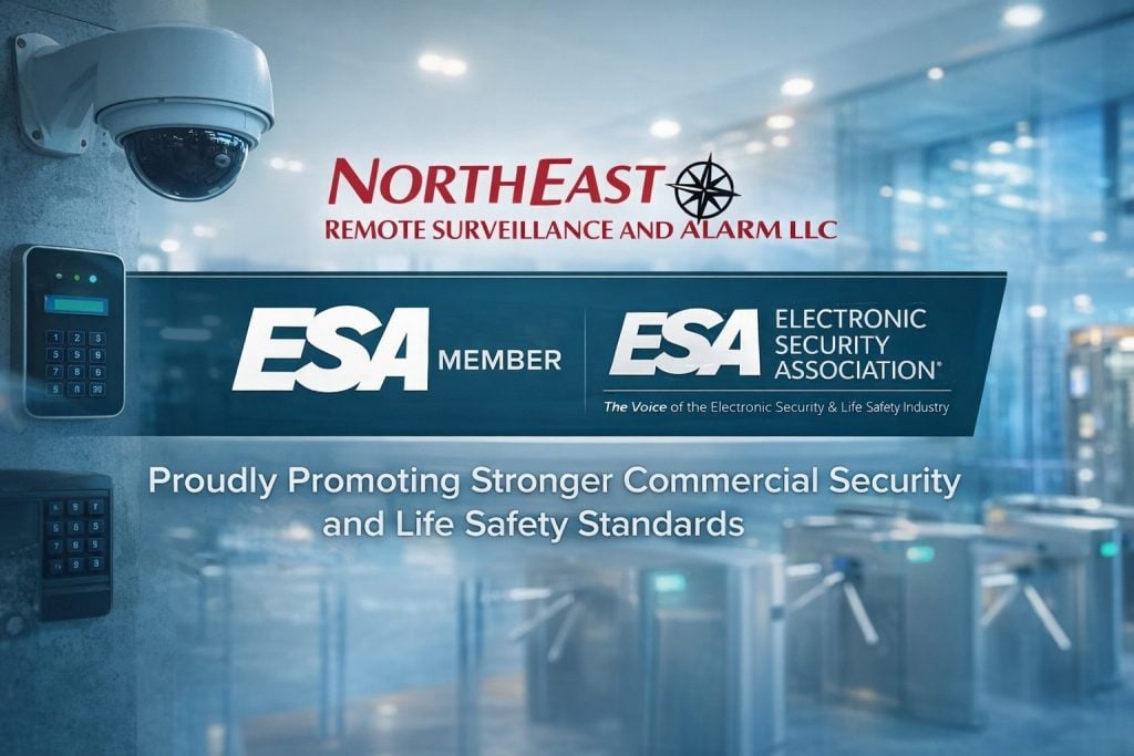 Promotional banner for Northeast Remote Surveillance and Alarm LLC featuring Electronic Security Association membership branding, commercial security imagery, surveillance camera, access control devices, and NERSA red, white, and black branding.