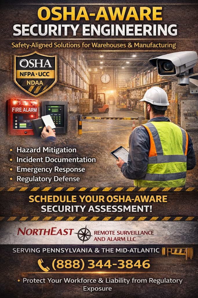 OSHA-aware security engineering graphic showing warehouse environment, forklift activity, fire alarm panel, access control reader, surveillance camera, and Northeast Remote Surveillance and Alarm LLC contact information.